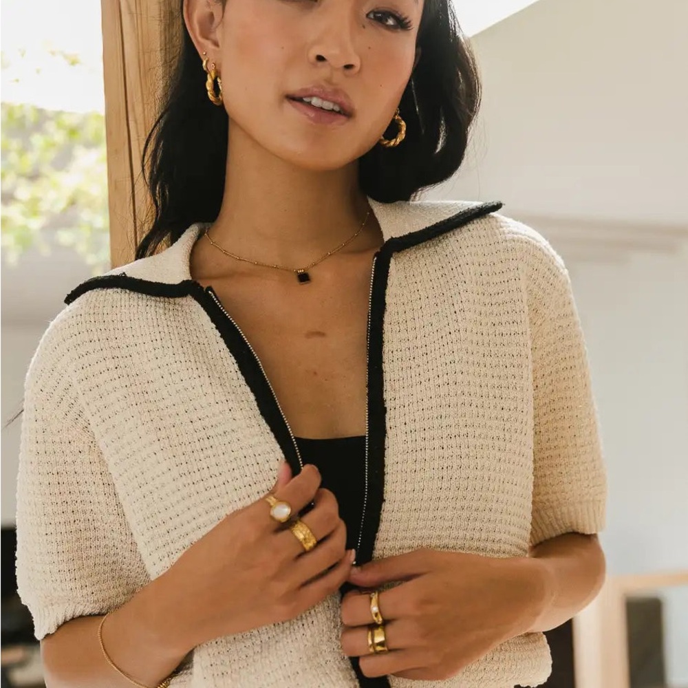 Boheme Cream and Black Cardigan with Notched Collar